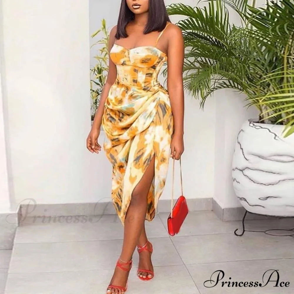 Strap Ruched Side Slit Irregular Hem Midi Dress