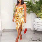 Strap Ruched Side Slit Irregular Hem Midi Dress