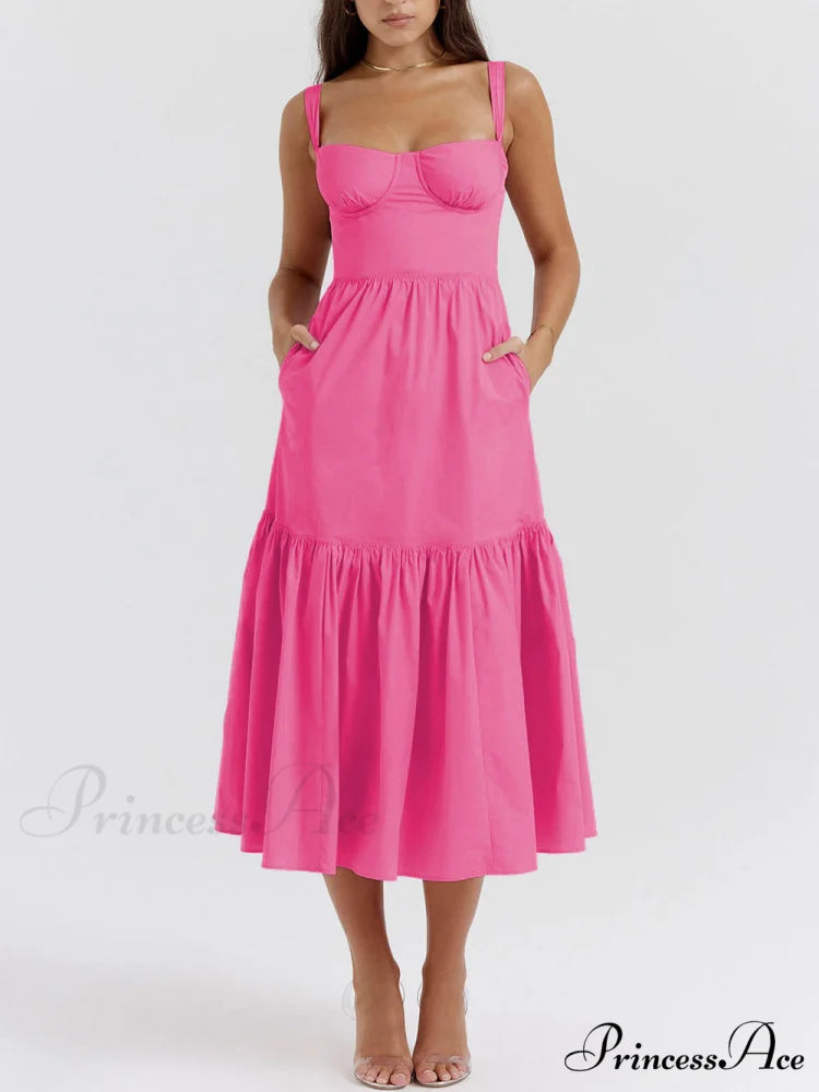 Strap Solid Color Charming A-Hem Midi Dress