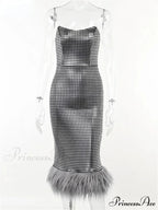 Strapless Backless Evening Party Club Elegant Faux Fur Slim Midi Dress