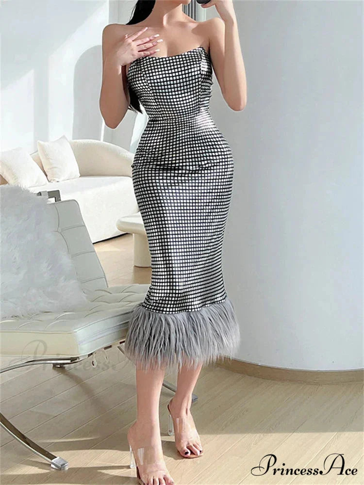Strapless Backless Evening Party Club Elegant Faux Fur Slim Midi Dress