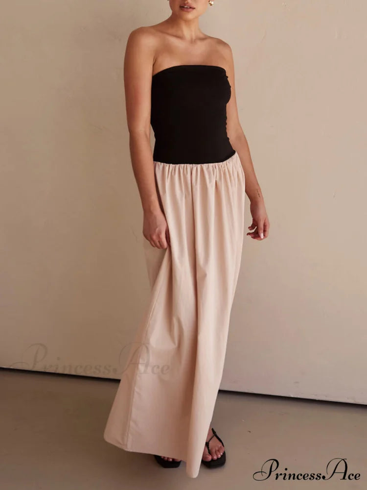 Strapless Black And Charming Sand Paneled Maxi Dress