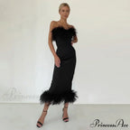 Strapless Feather Evening Sexy Corset Bodycon Midi Dress