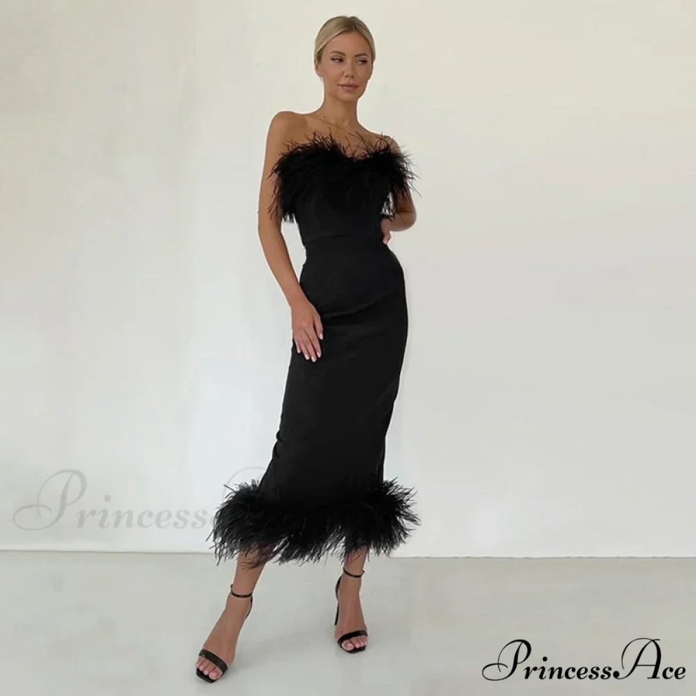 Strapless Feather Evening Sexy Corset Bodycon Midi Dress