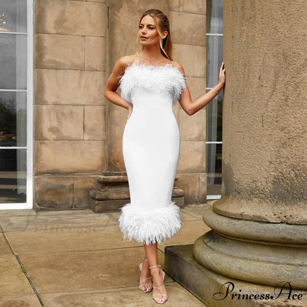 Strapless Feather Evening Sexy Corset Bodycon Midi Dress