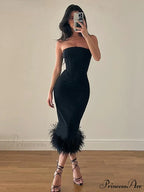 Strapless Feather Evening Sexy Corset Bodycon Midi Dress