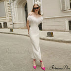 Strapless Feather Evening Sexy Corset Bodycon Midi Dress