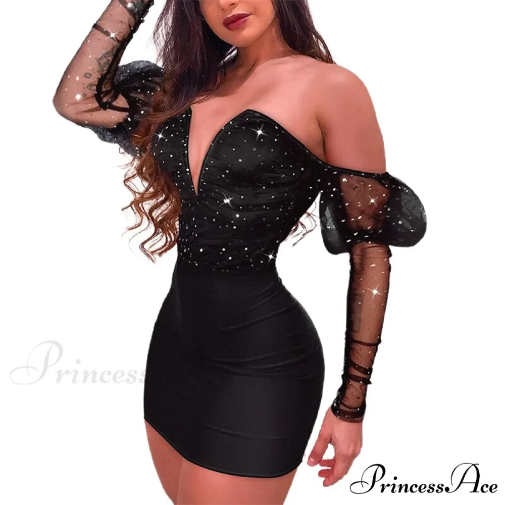 Strapless Glitter V-Cut Contrast Mesh Gigot Sleeve Bodycon Dress