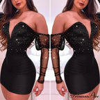 Strapless Glitter V-Cut Contrast Mesh Gigot Sleeve Bodycon Dress
