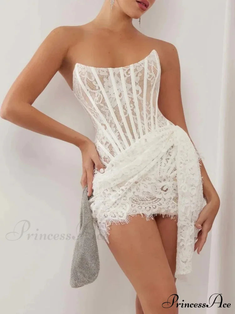 Strapless Lace Corset Mini Dress - Sleeveless Bodycon Christmas Party Dress