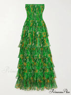 Strapless Layered Bandeau Charming Floral Print Maxi Dress