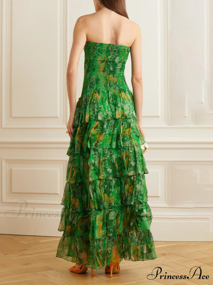 Strapless Layered Bandeau Charming Floral Print Maxi Dress