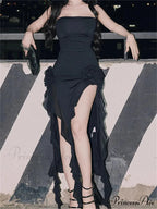 Strapless Off Shoulder Elegant Women Party Clubwear Flowers Patchwork High Split Solid Summer Vestidos