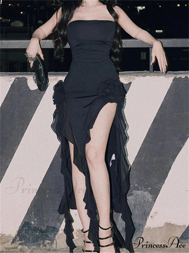 Strapless Off Shoulder Elegant Women Party Clubwear Flowers Patchwork High Split Solid Summer Vestidos