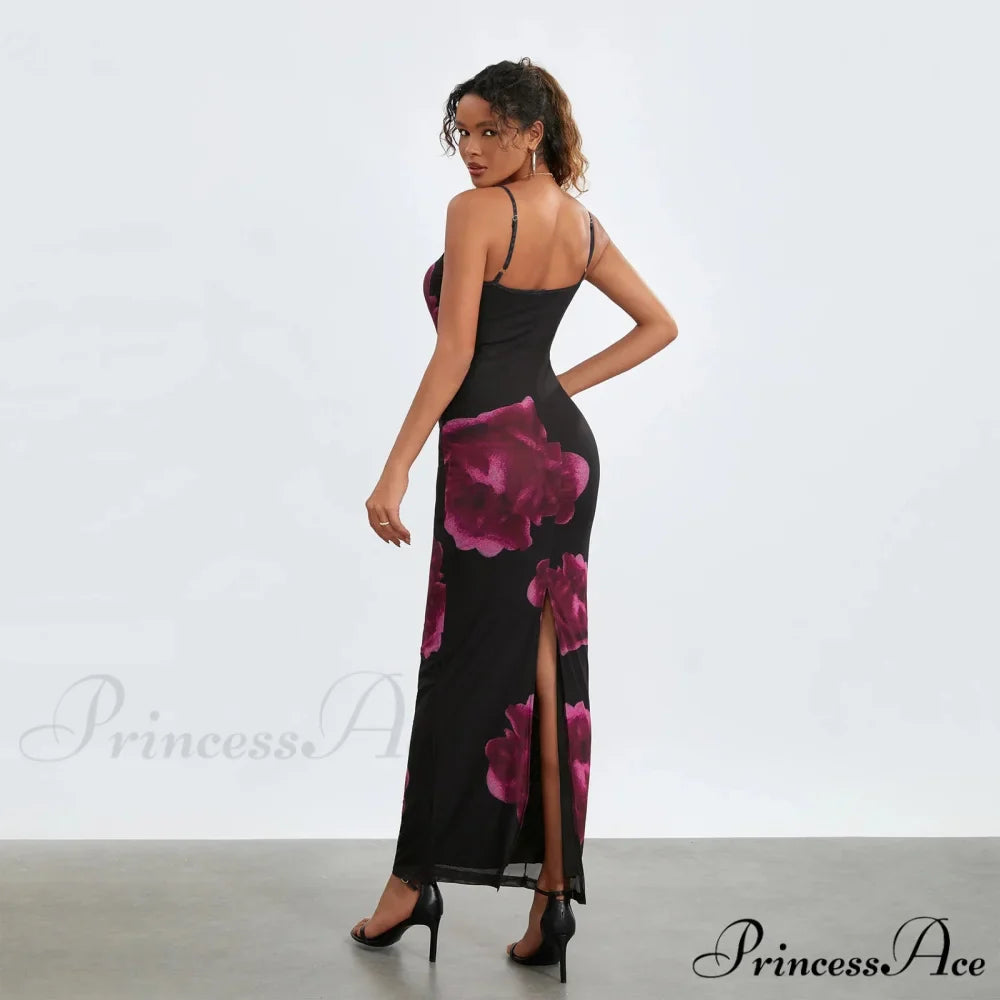 Strapless Spaghetti Strap Flower Split Back Hem Dress