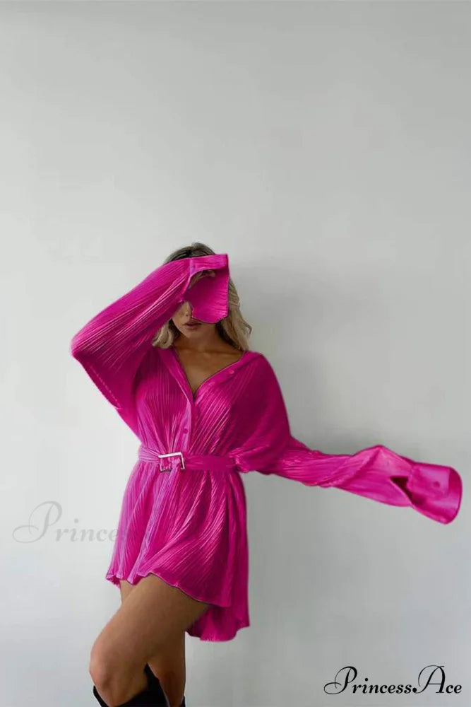 Strappy Waisted Pleated Shirts Dress