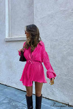 Strappy Waisted Pleated Shirts Dress