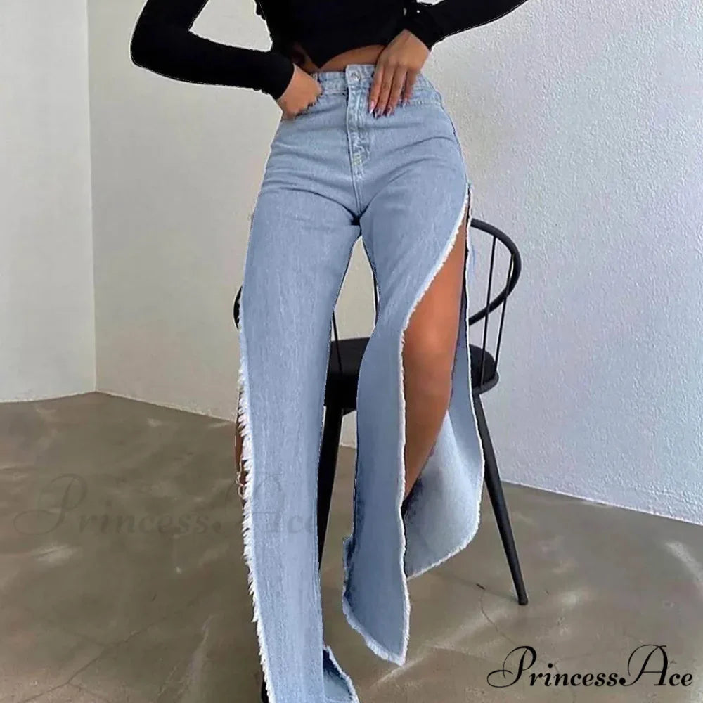Street Hipster Double-Slit Wide-Leg Denim Jeans