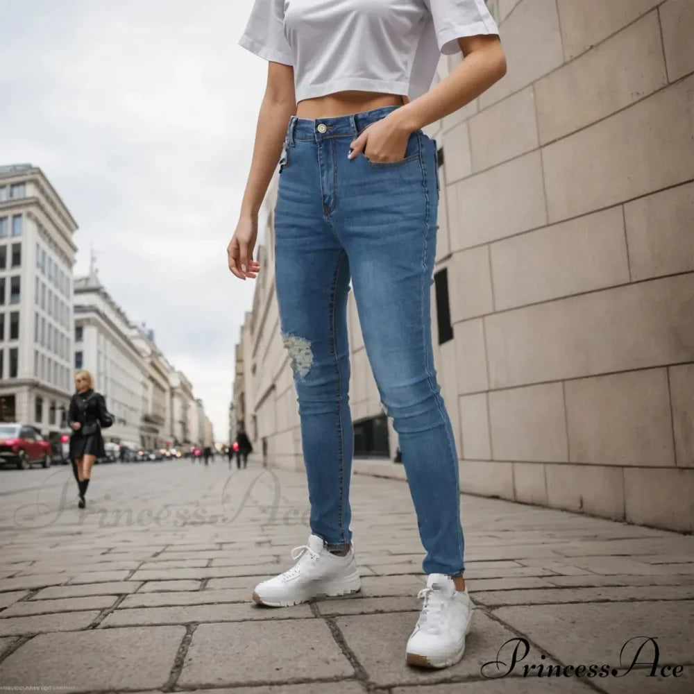 Streetwear Calf Hole Elastic Waist Jeans