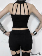 Streetwear Gothic Black Dark Cyber Punk Patchwork Cross Alt Grunge Crop Top