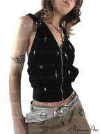 Streetwear Gothic Dark Vest Cyberpunk Cross Hooded Alt Grunge Crop Top