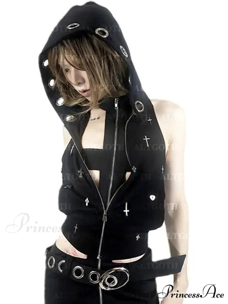 Streetwear Gothic Dark Vest Cyberpunk Cross Hooded Alt Grunge Crop Top