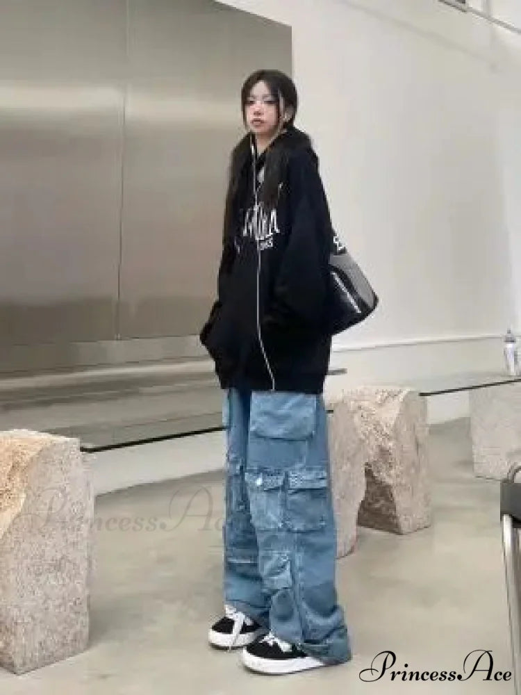 Streetwear Loose Oversized Straight-Leg Multi-Pocket Washed Cargo New Heavy Industry Y2K Vintage Jean