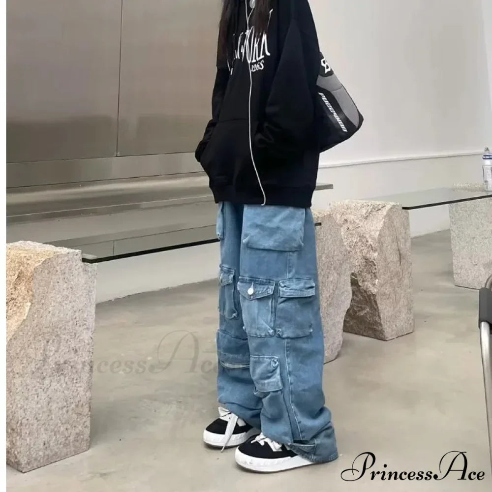 Streetwear Loose Oversized Straight-Leg Multi-Pocket Washed Cargo New Heavy Industry Y2K Vintage Jean