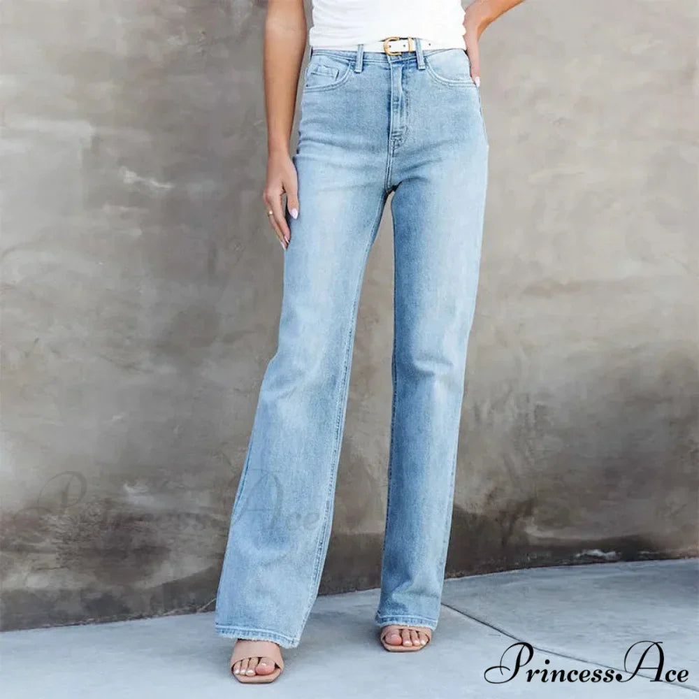 Stretch Blue High Waist Loose Wide Leg Vintage Fashionable Washed Straight Casual Jean