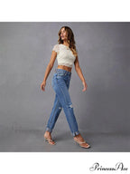 Stretch Blue High Waist Ripped Casual Fashion Streetwear Denim Jean