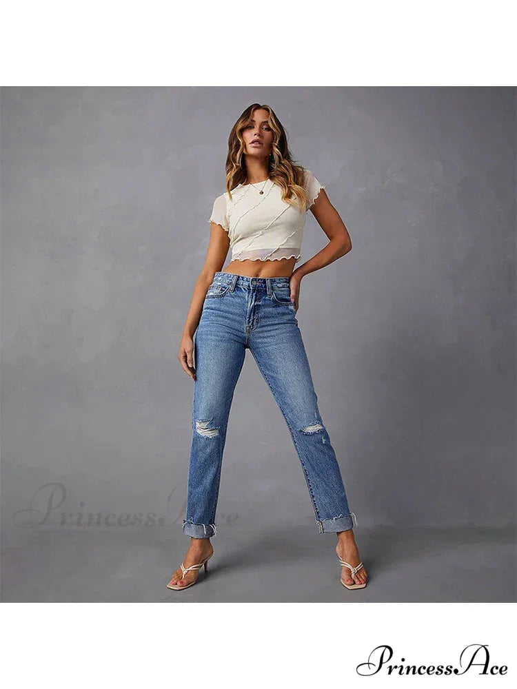 Stretch Blue High Waist Ripped Casual Fashion Streetwear Denim Jean
