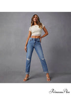 Stretch Blue High Waist Ripped Casual Fashion Streetwear Denim Jean
