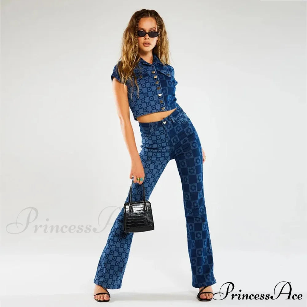 Stretch Fashion Print Women's High Waist Flare Women Long Summer Casual Streetwear Denim Pant Jean