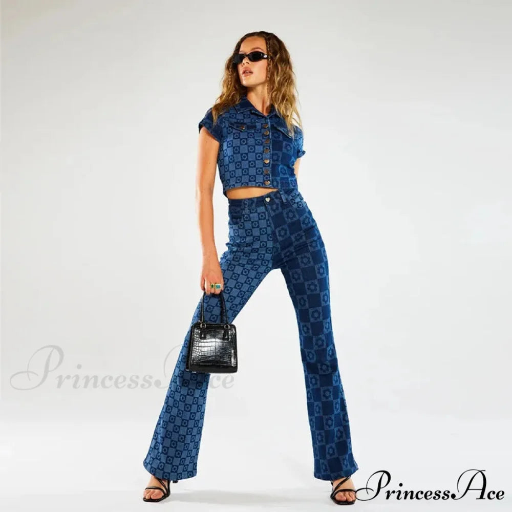 Stretch Fashion Print Women's High Waist Flare Women Long Summer Casual Streetwear Denim Pant Jean