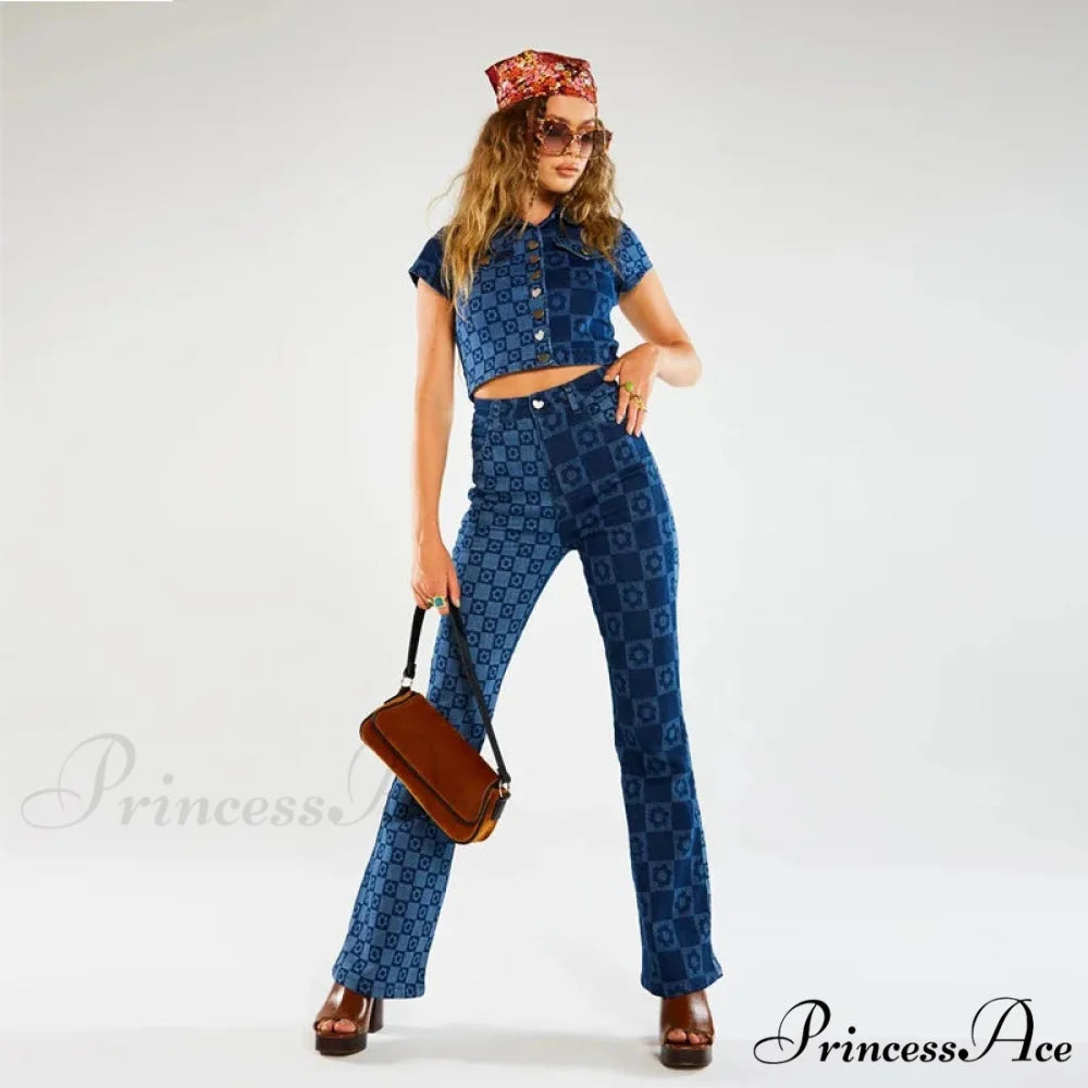 Stretch Fashion Print Women's High Waist Flare Women Long Summer Casual Streetwear Denim Pant Jean