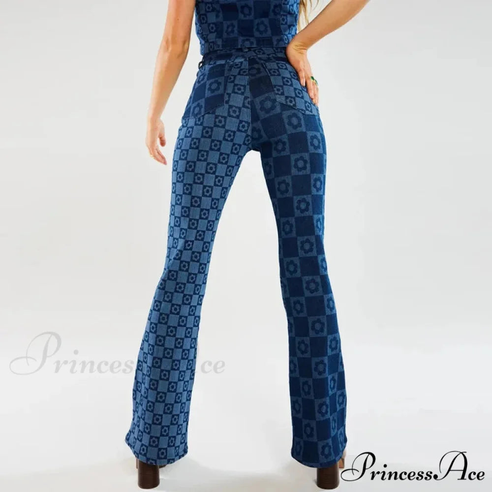 Stretch Fashion Print Women's High Waist Flare Women Long Summer Casual Streetwear Denim Pant Jean
