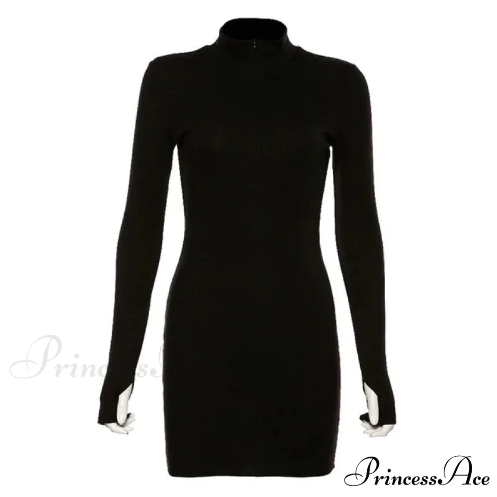 Stretch Ribbed Knitted Turtleneck Mini Dress