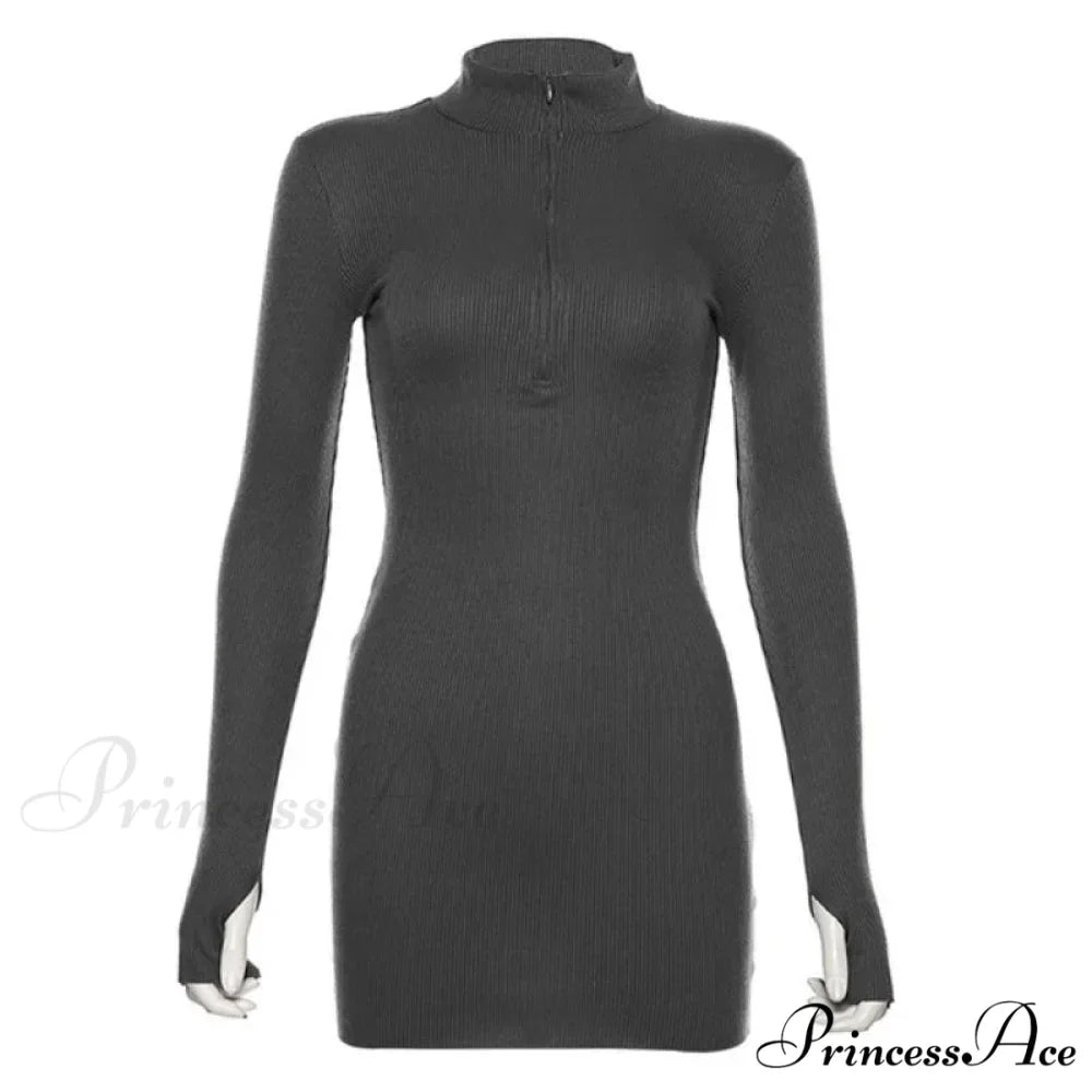 Stretch Ribbed Knitted Turtleneck Mini Dress