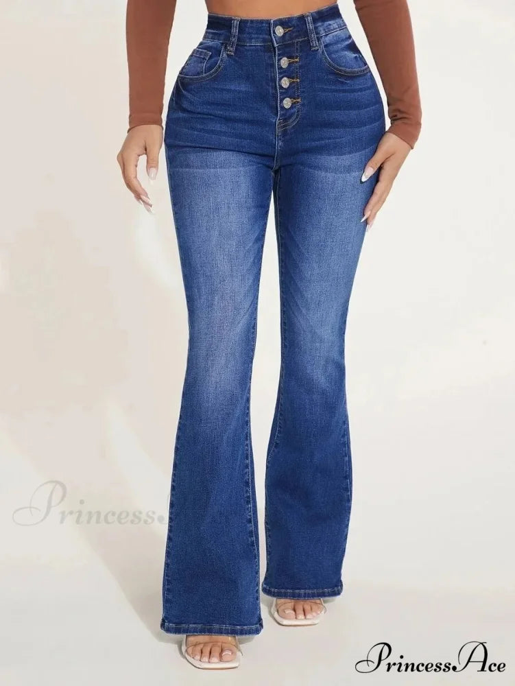 Stretch Slim Flare Button Fly High Waist Full Length Vintage Jean