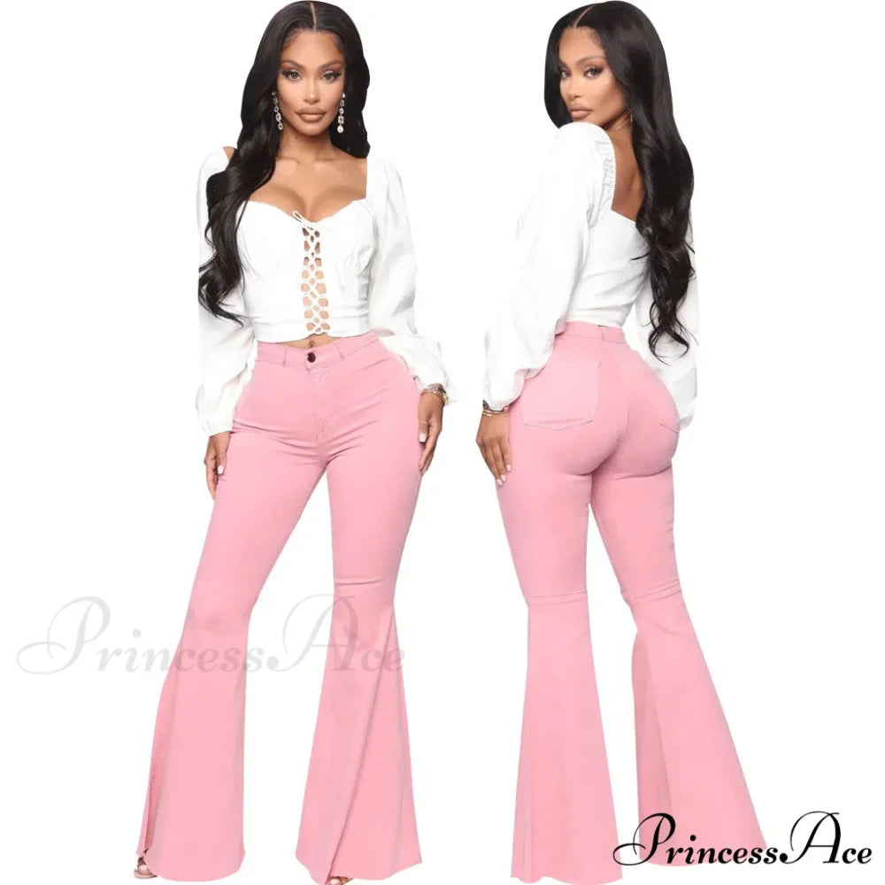 Stretch Slim Flare for Women Pink Bell Bottom 2024 High Waist Skinny Boot-cut Denim Woman Jean
