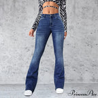 Stretch Slim Retro High Waist Stitched Washed Bell-Bottom Denim Jean