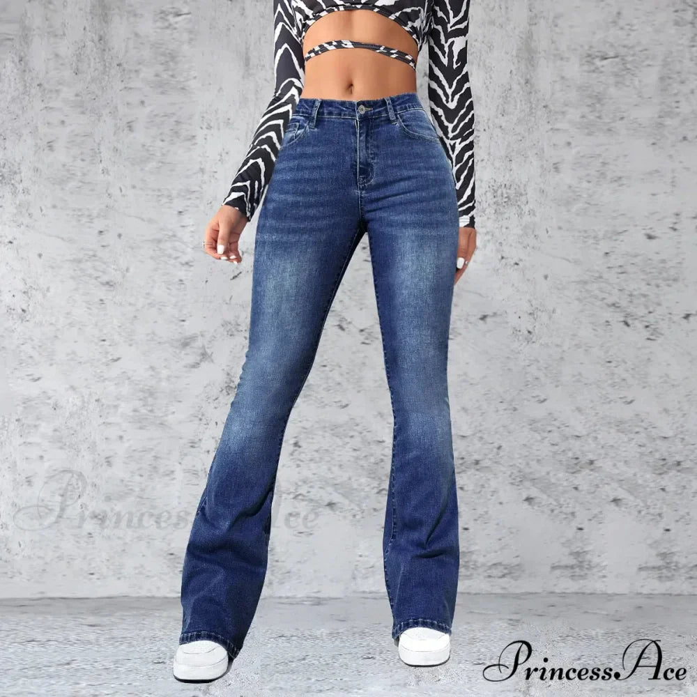 Stretch Slim Retro High Waist Stitched Washed Bell-Bottom Denim Jean
