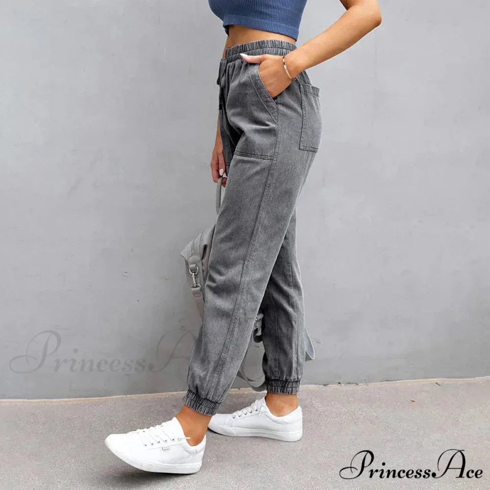 Stretch Women High Waist Wide Leg Casual Fashion Pocket Drawstring Women Clothing Mom Jean