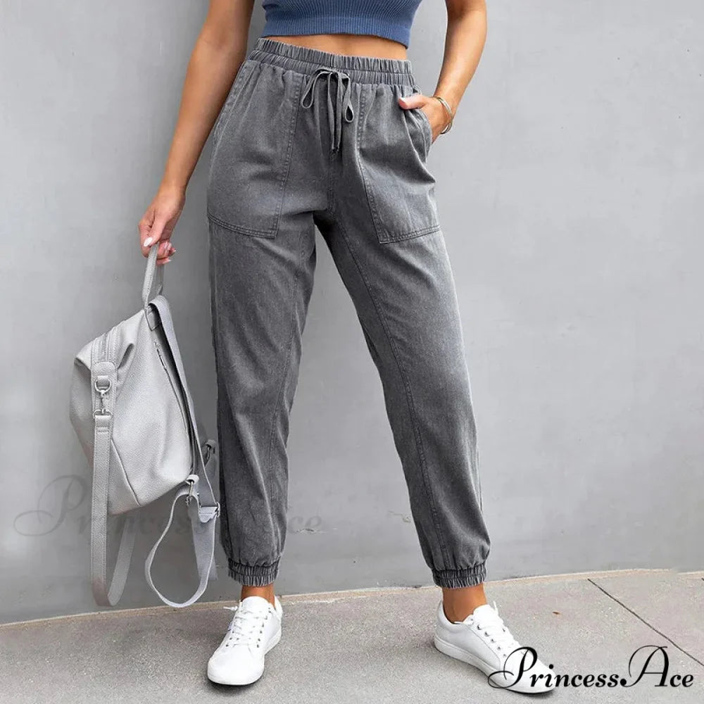 Stretch Women High Waist Wide Leg Casual Fashion Pocket Drawstring Women Clothing Mom Jean