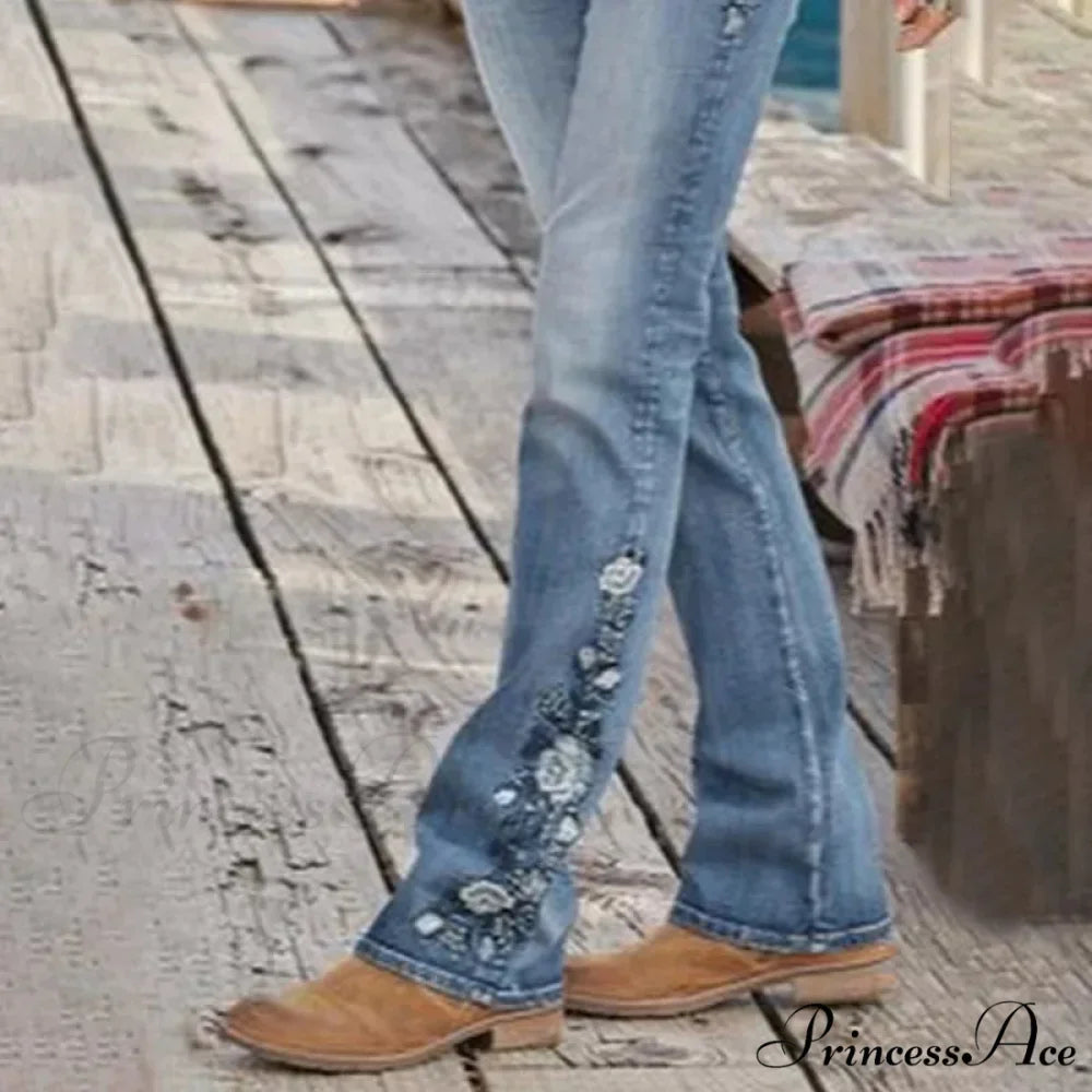 Stretch Women's 90s Vintage Clothes Printed Denim Loose Washed Fashion Women's Flare Blue Casual Women's Pant Jean