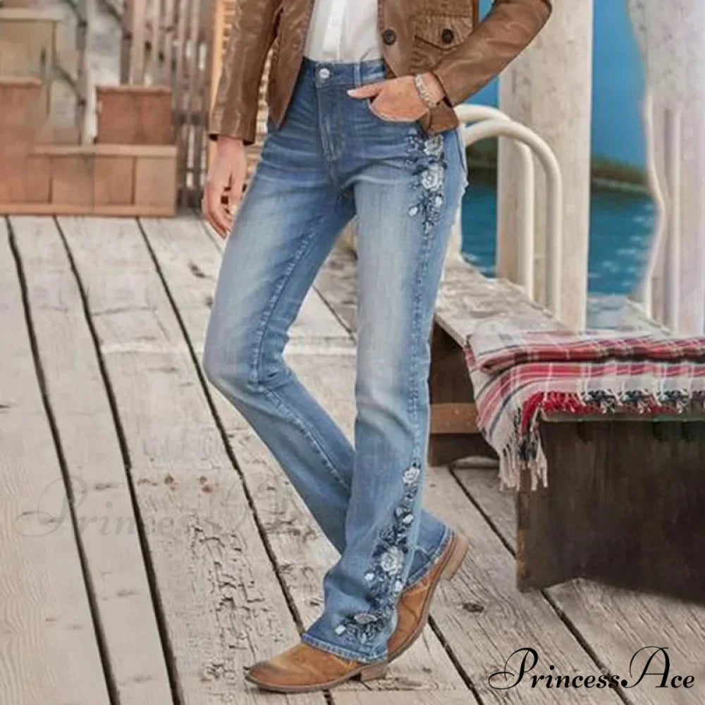 Stretch Women's 90s Vintage Clothes Printed Denim Loose Washed Fashion Women's Flare Blue Casual Women's Pant Jean