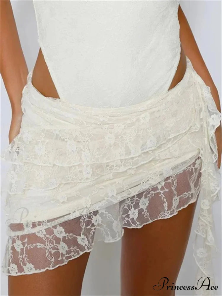Stretchy Small Waist Lace Floral Mini Skirt Uneven Hem Skirt