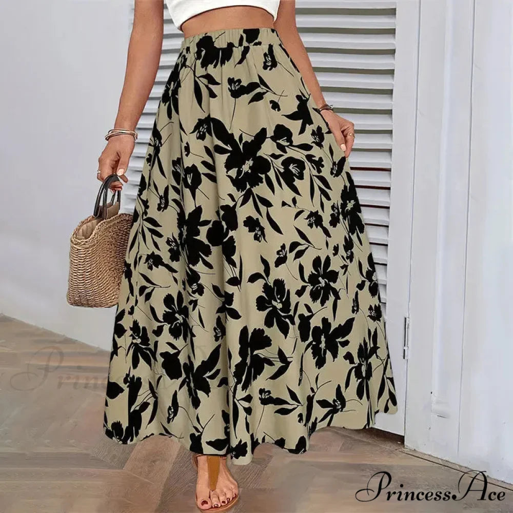 Stretchy Waist Blossoms Printed Women's Flared Skirt Summer Sophisticated