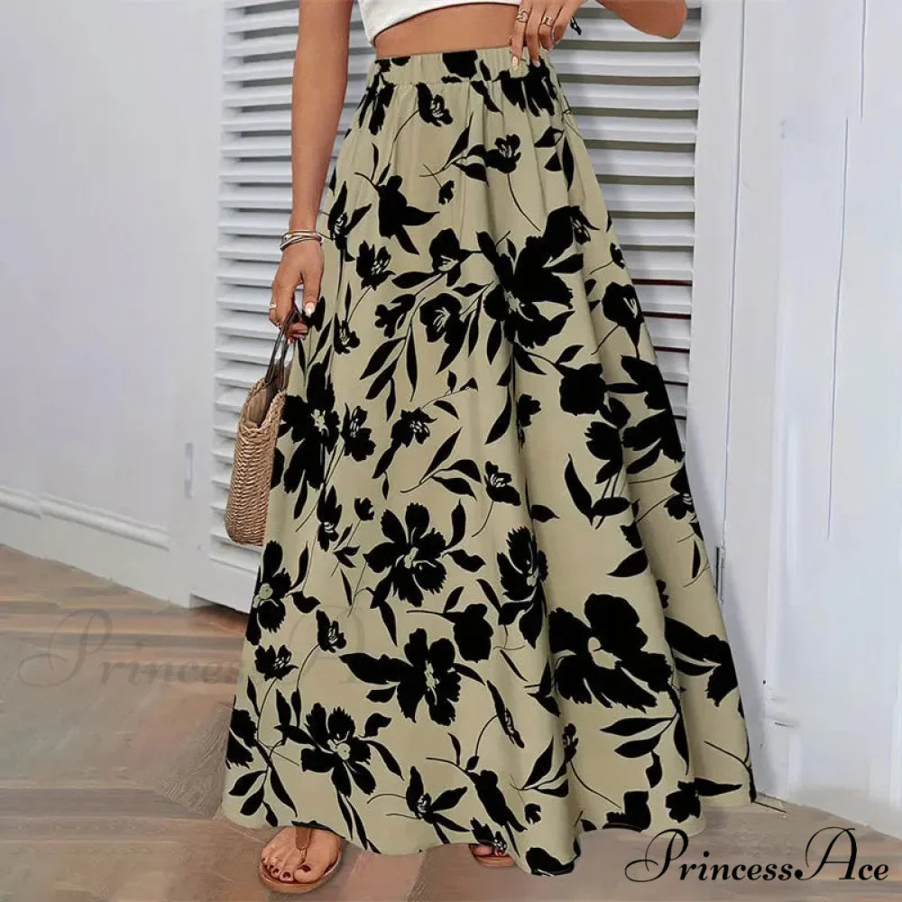 Stretchy Waist Blossoms Printed Women's Flared Skirt Summer Sophisticated
