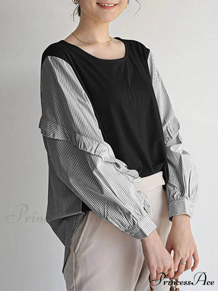 Stripe Patchwork Frilled Informal Blouse